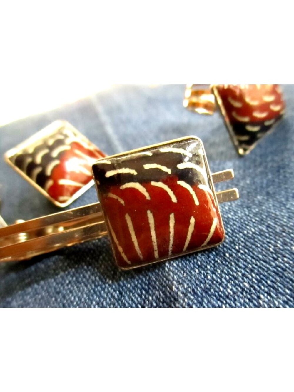 Vintage Gold-Toned Tie Clip Earrings Ring Set Abstract Red Black Enamel Design
